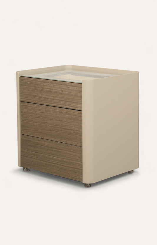 Modern Three-Drawer Nightstand with Glass Top and Lacquered Frame