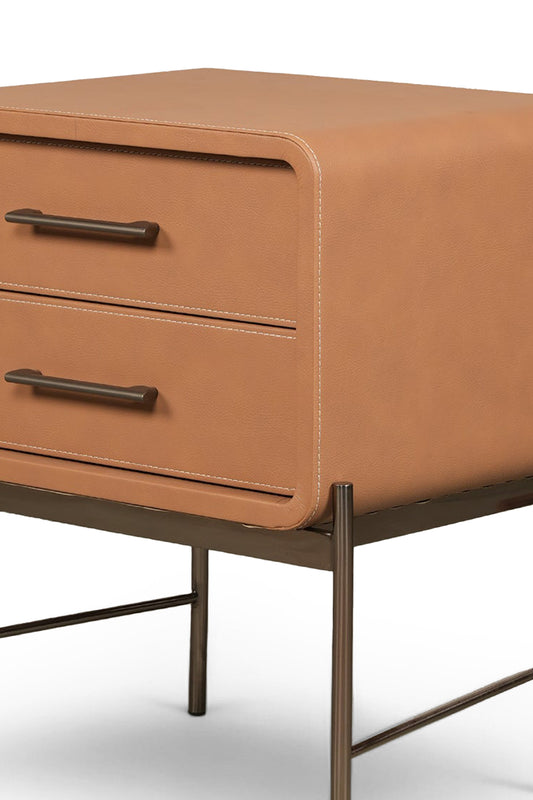 Contemporary Leather-Wrapped Nightstand with Metal Base