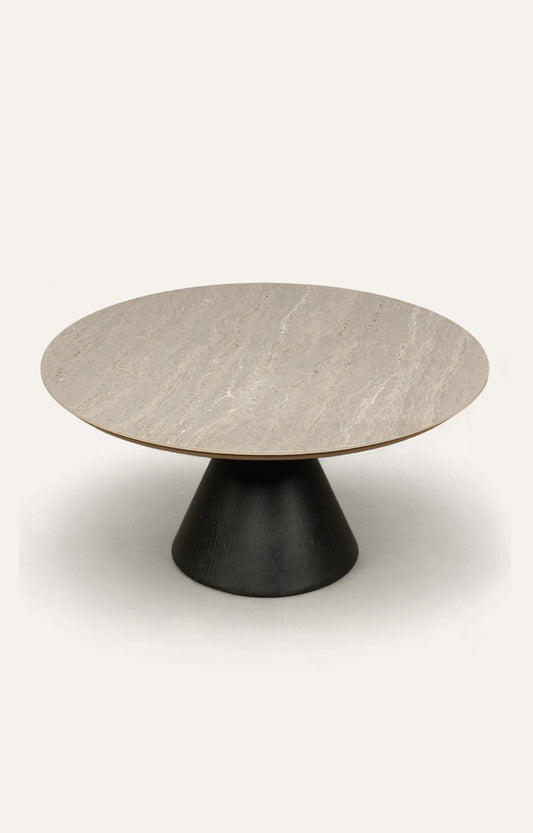 Round Travertine Top Black Cone Coffee Table