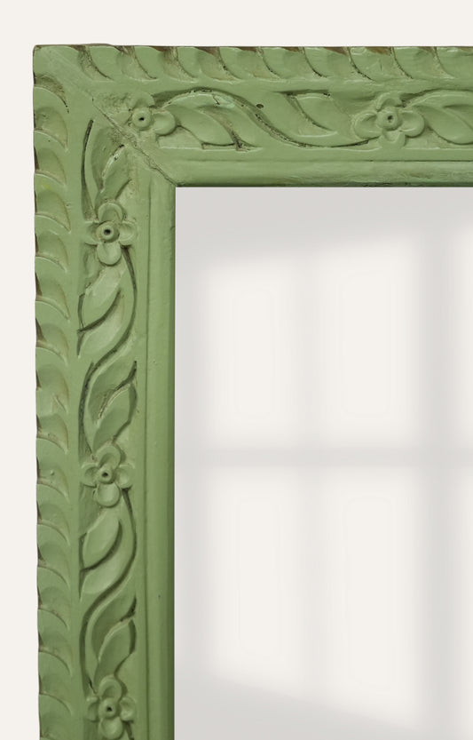Pastel Green Carved Floral Rectangular Wall Mirror