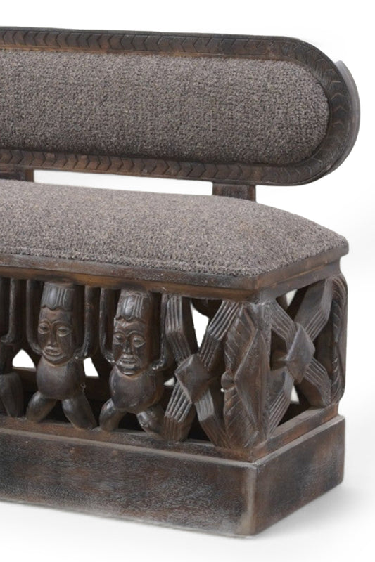 Tribal Carved Wooden Sofa Boucle Upholstery