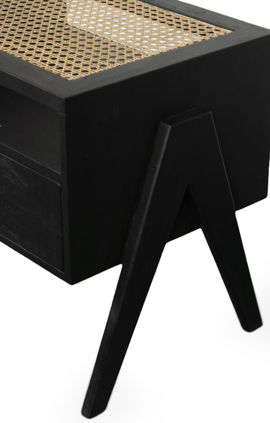 Mignight Black Cane-Weave Top Wooden Bedside Table with Drawer