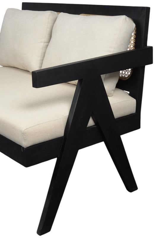 Modern Black Acacia Bench with Cane & Linen