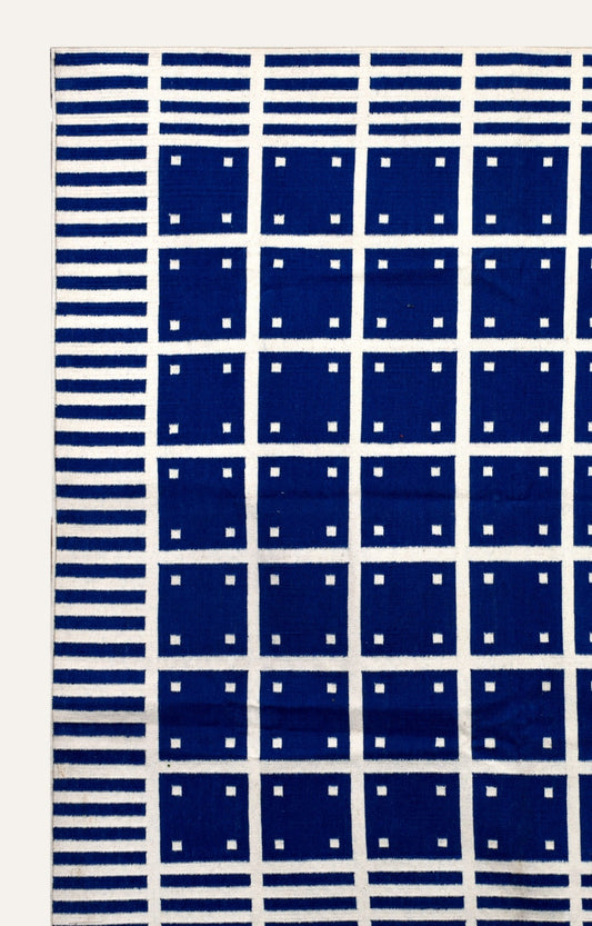 Blue and White Grid Weave Rug