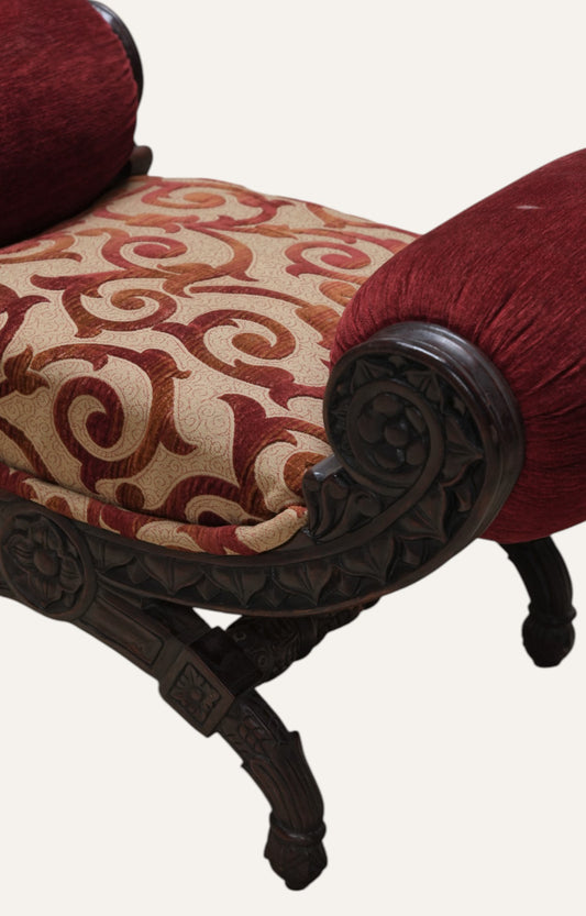 Carved Teak & Velvet Uphostred Dressing Stool