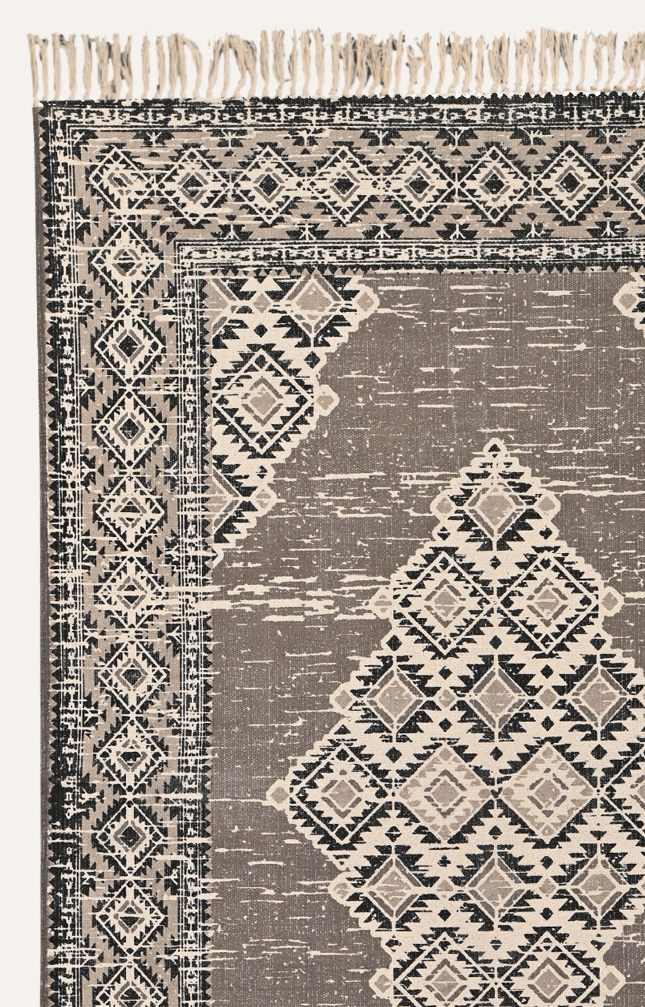 Tribal Medallion Cotton Rug in Stone & Noir