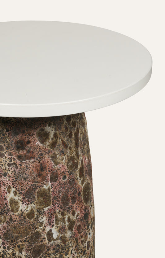 White Top Pedestal Accent Table with Textured Base