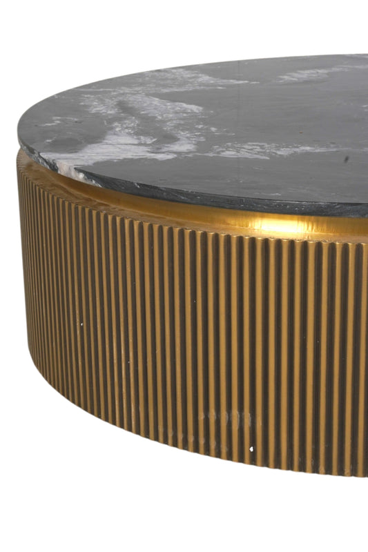 Low Round Coffee Table in Brass with Marble Top