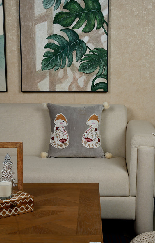 Velvet Cushion with Embroidered Fox Motif