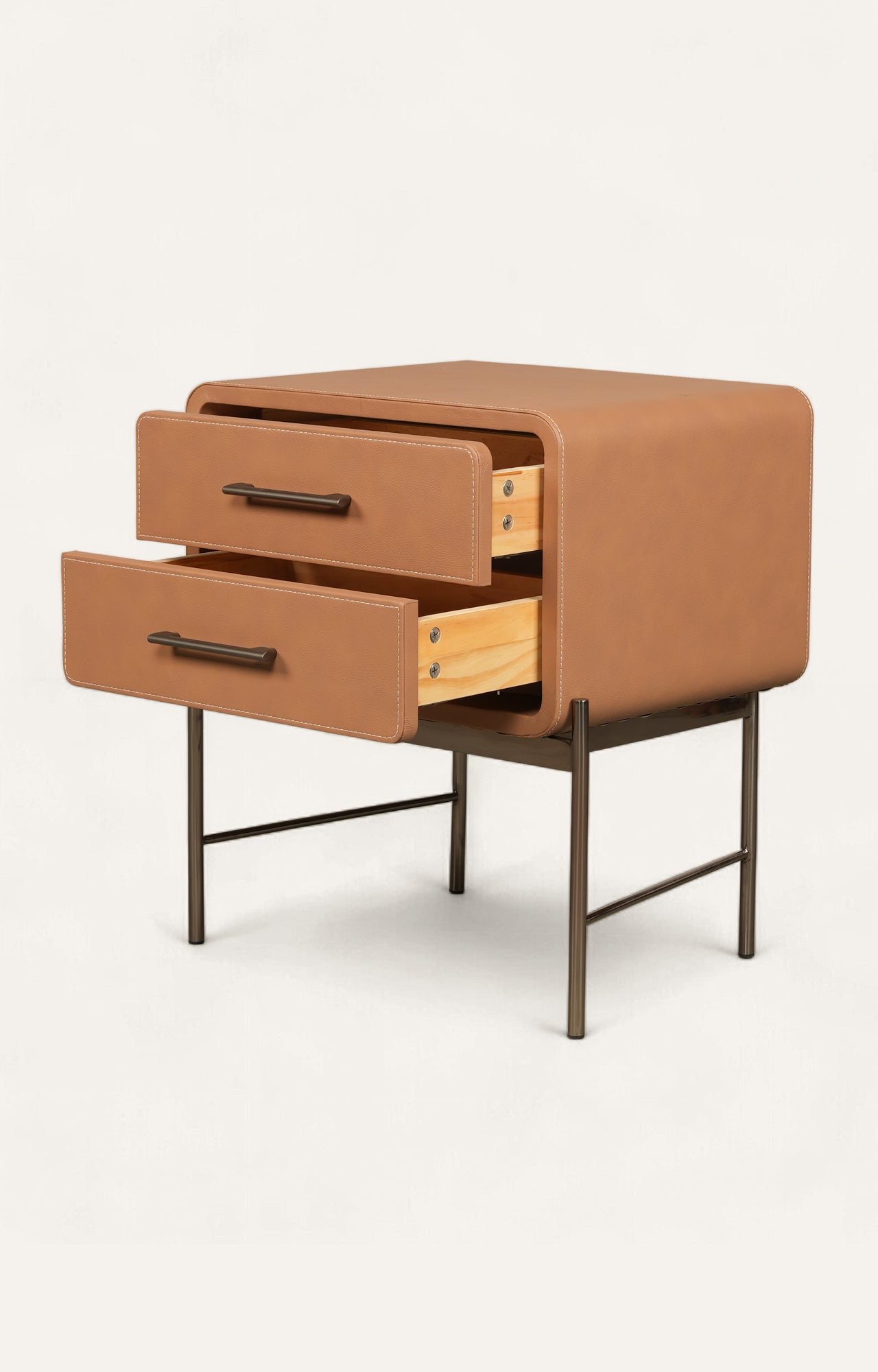 Contemporary Leather-Wrapped Nightstand with Metal Base