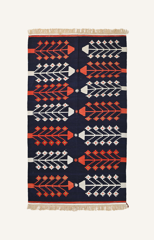 Orange and White Motifs on a Blue Cotton Durrie