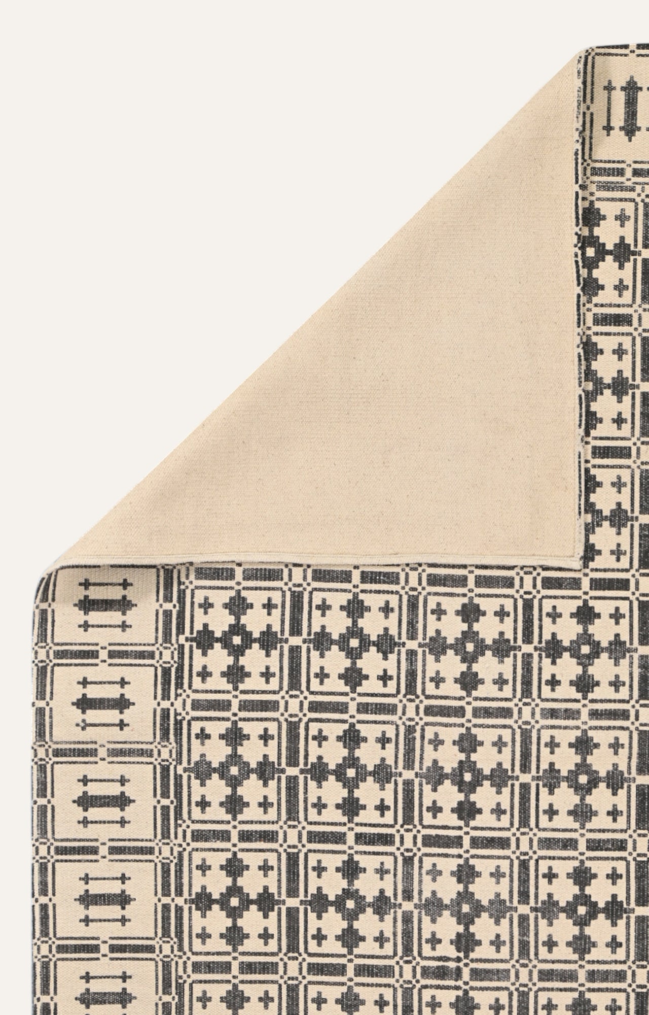 Ivory Grid Cotton Rug with Noir Motifs
