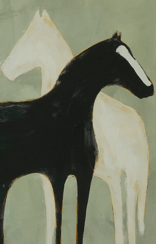 Black and White Horses Canvas Painting with Frame