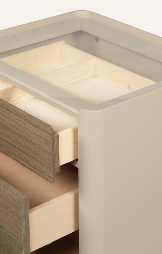 Modern Three-Drawer Nightstand with Glass Top and Lacquered Frame