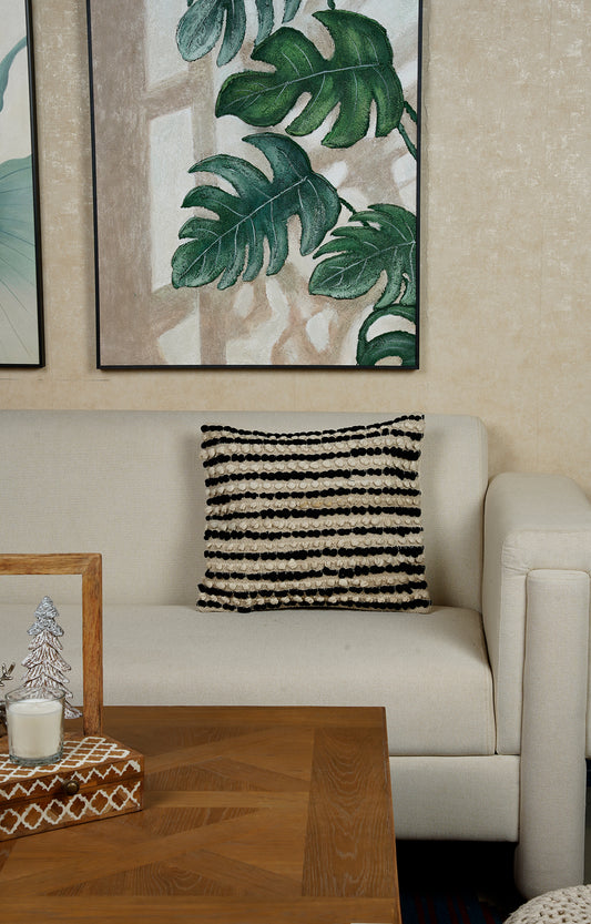 Handwoven Black & Beige Textured Cushion