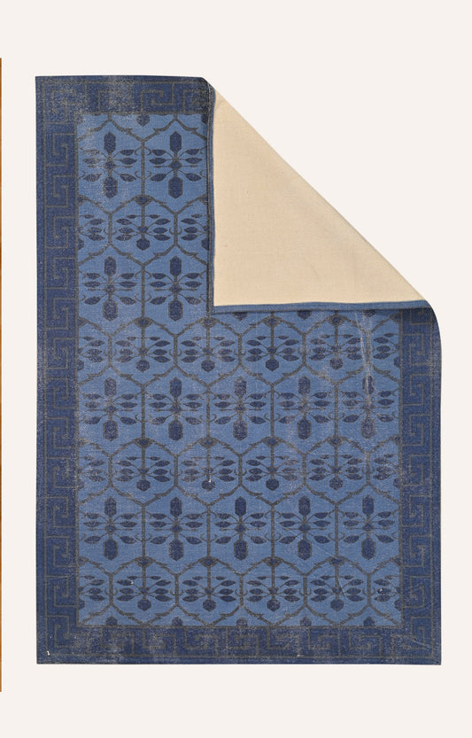Handwoven Screen Printed Trellis Geometric Blue Rug