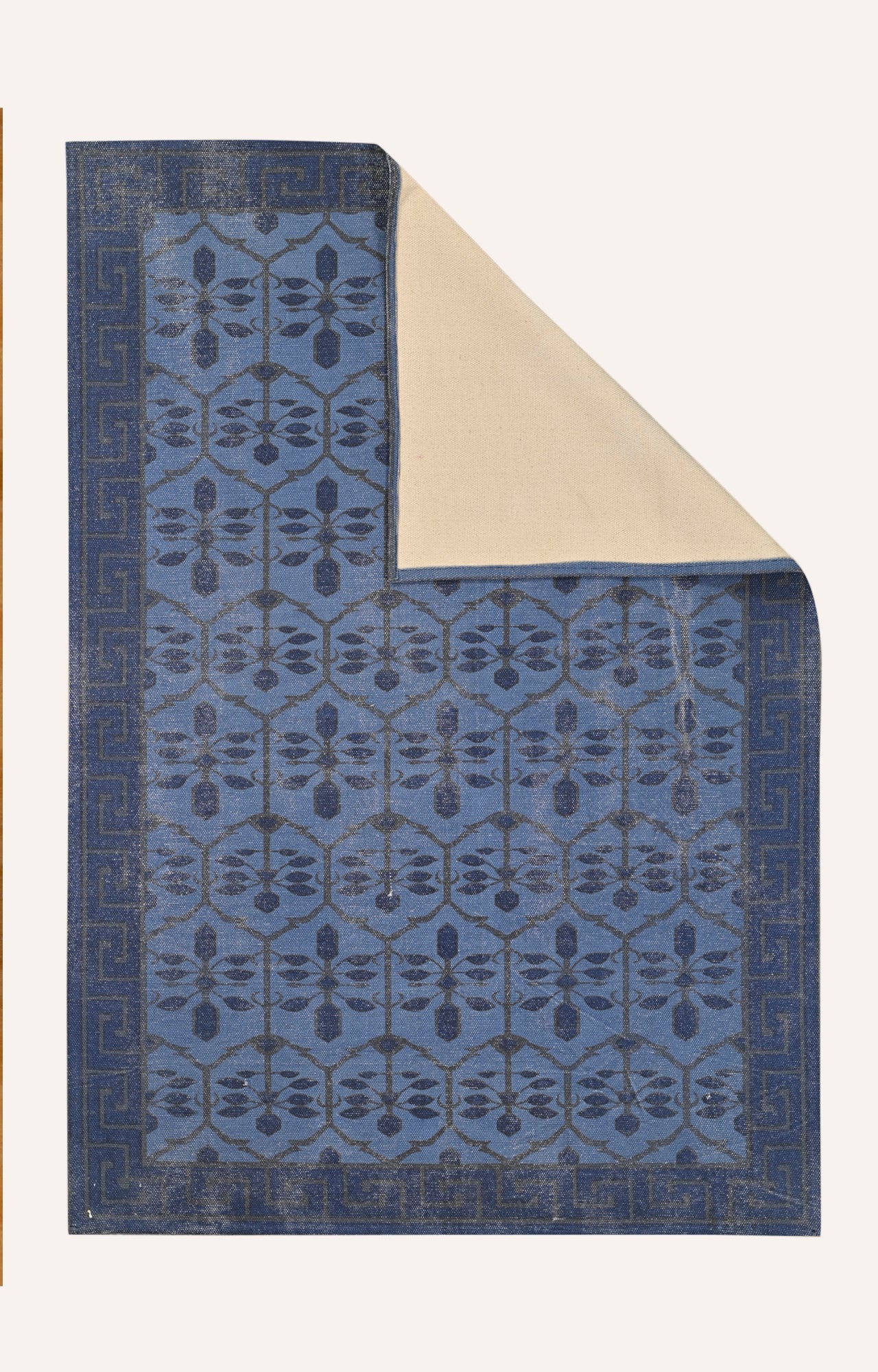 Handwoven Screen Printed Trellis Geometric Blue Rug