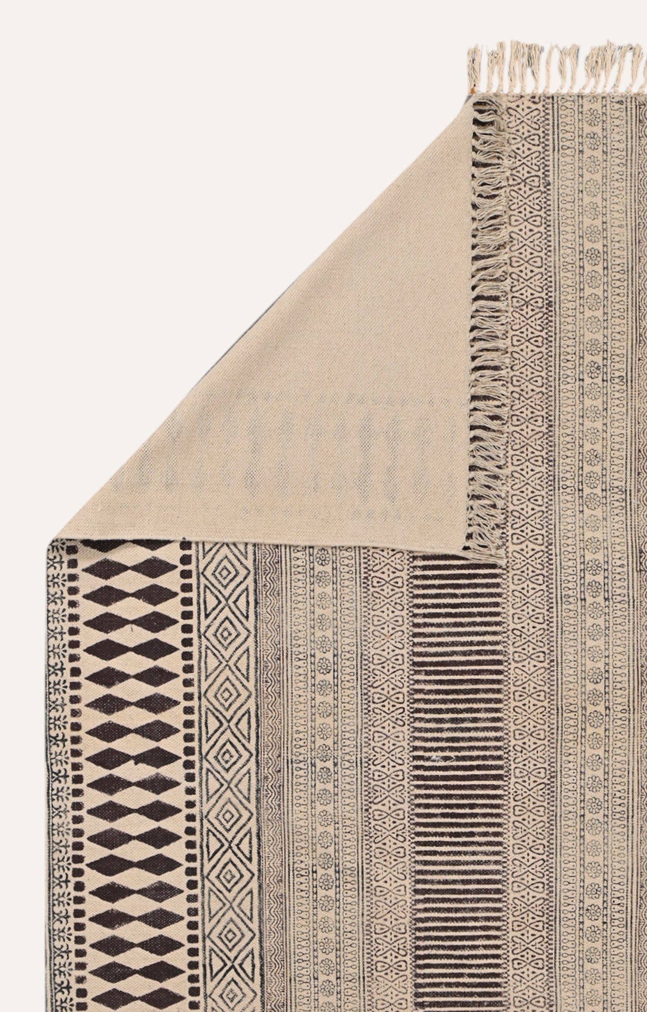 Textured Striped Cotton Rug in Beige & Black