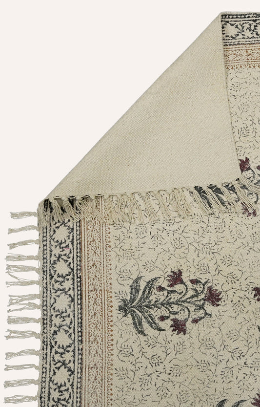 Crimson Bloom Hand Block Printed Dhurrie Rug