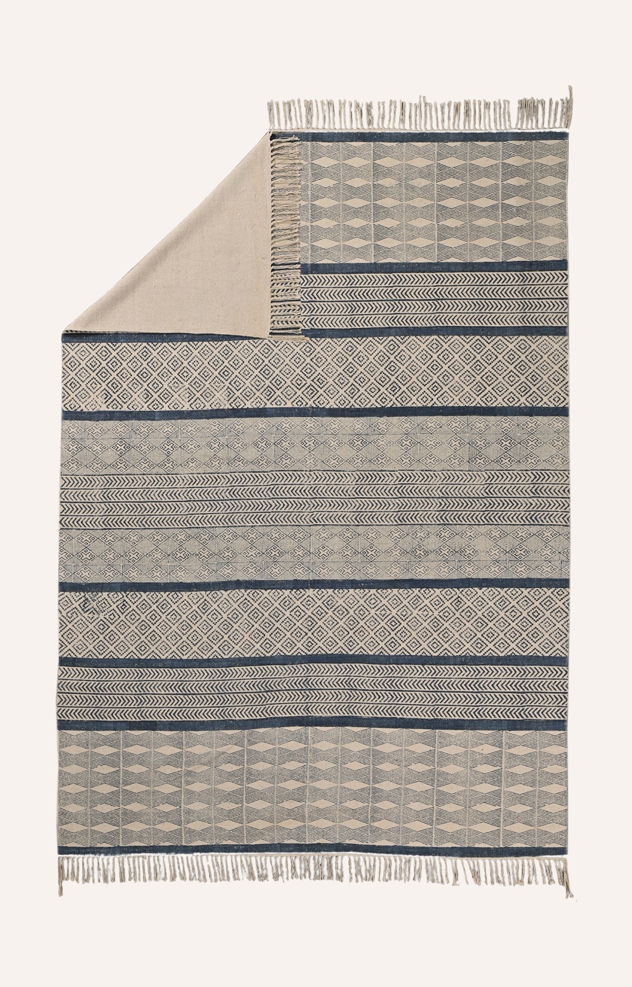 Blue and White Geometric Handwoven Block Print Rug