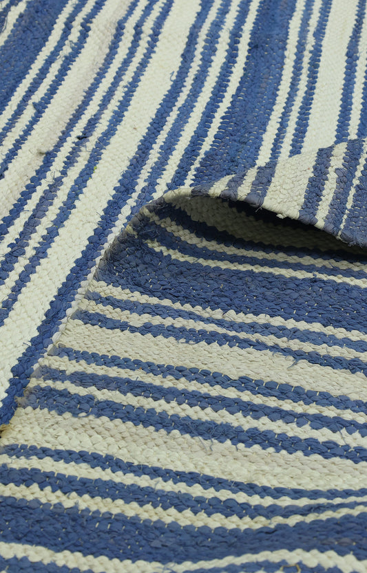 Blue Stripes Cotton Rug with Tassels