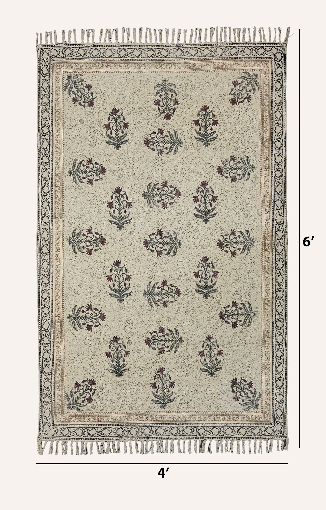 Crimson Bloom Hand Block Printed Dhurrie Rug