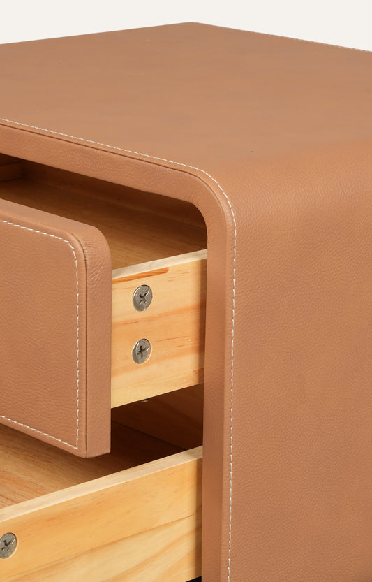 Contemporary Leather-Wrapped Nightstand with Metal Base