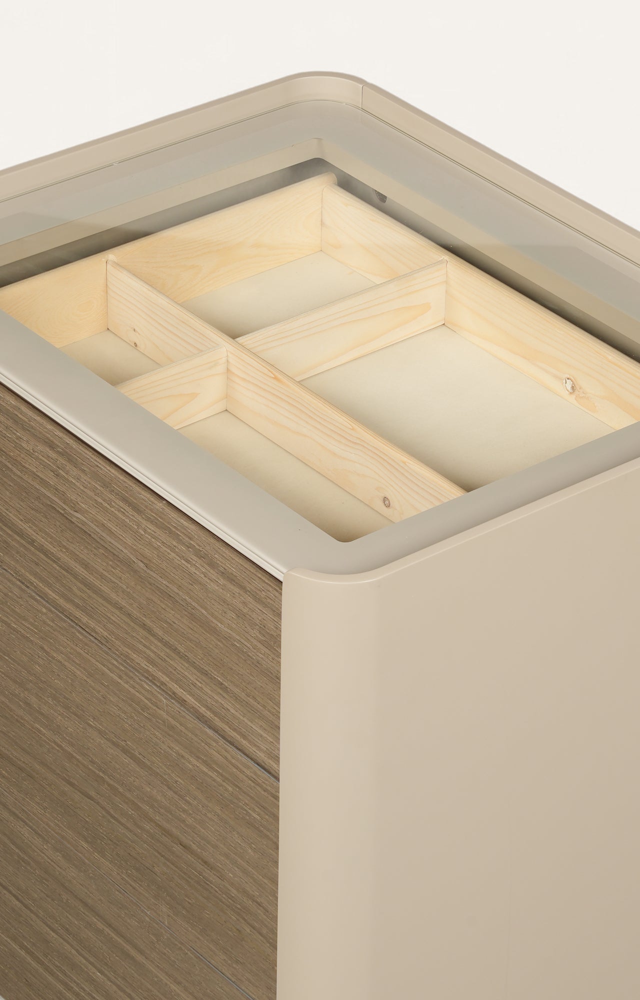 Modern Three-Drawer Nightstand with Glass Top and Lacquered Frame