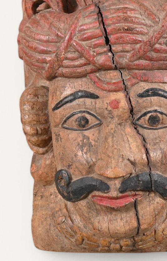 Warrior Head Hand-Carved Wooden Sculpture