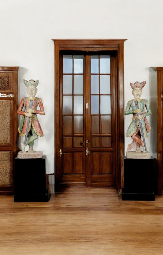 Pair of Traditional Wooden Dwarpal Statues