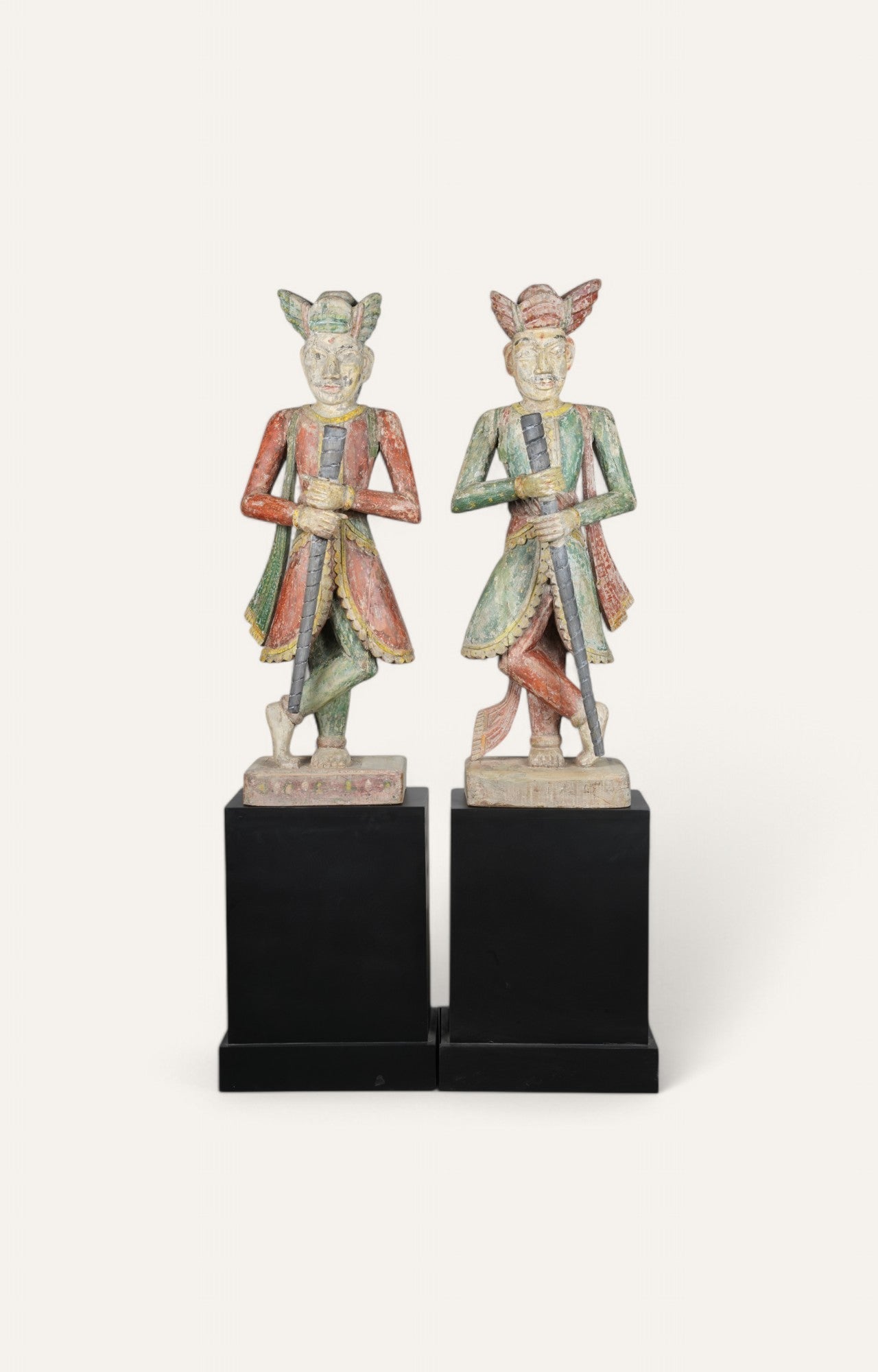 Pair of Traditional Wooden Dwarpal Statues