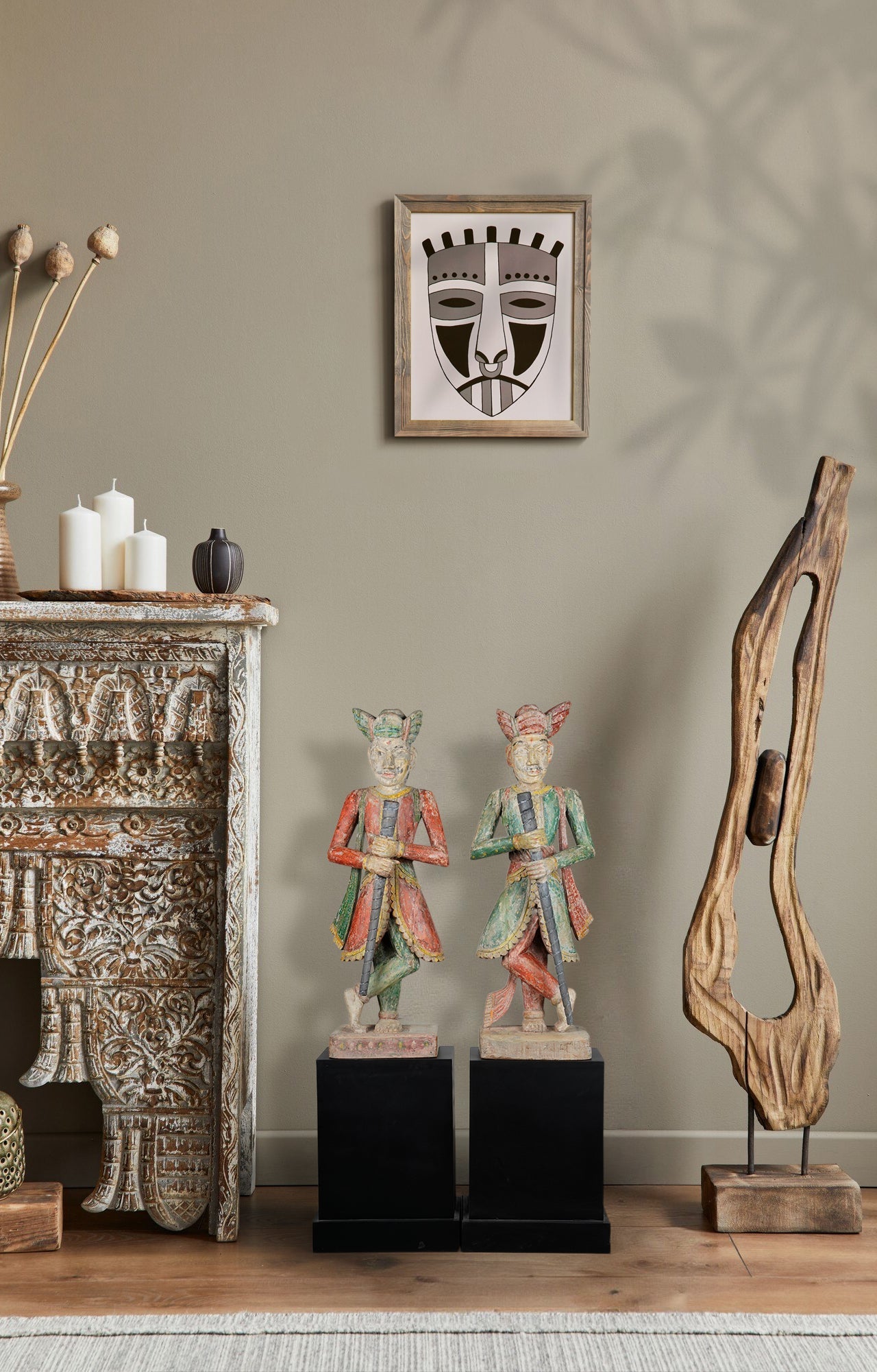 Pair of Traditional Wooden Dwarpal Statues