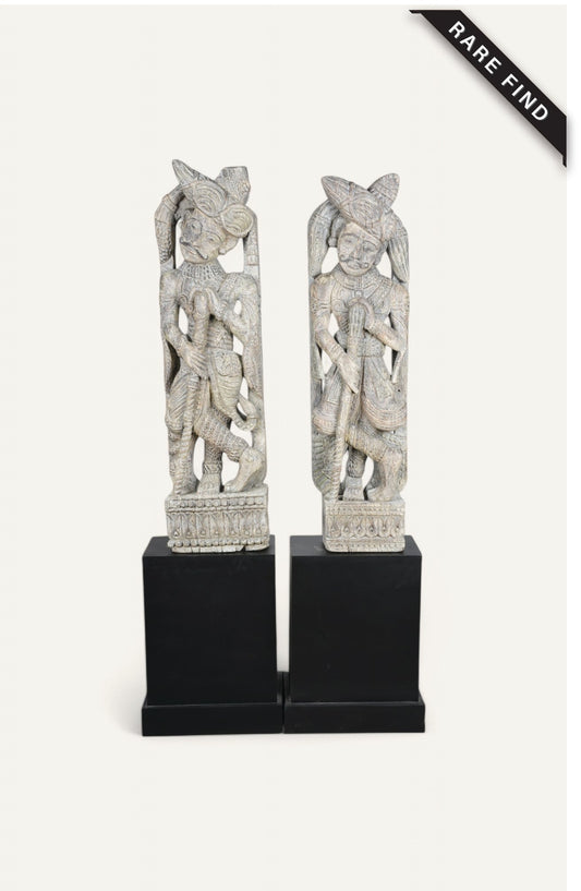 Traditional Indian Wooden Door Men Statues – Antique Dwarpal Pair
