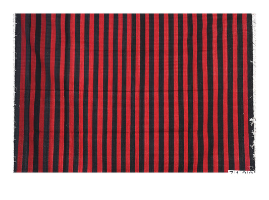 Red & Black Striped Pattern Woolen Rug
