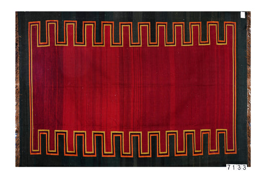 Bold Red Tibetan Handmade With Black Border Woolen Rug