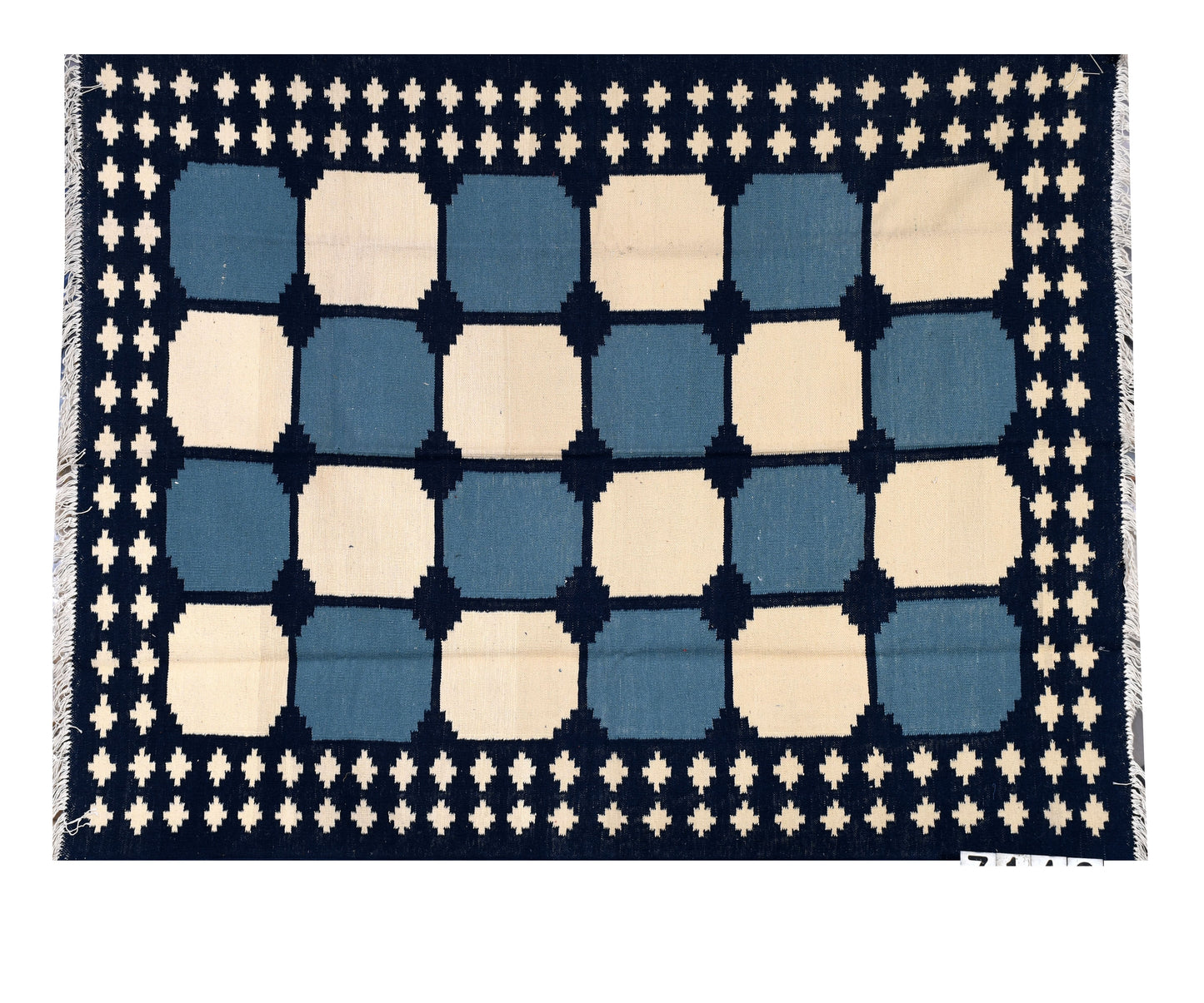 Blue and Beige Checked Woolen Kilim Rug