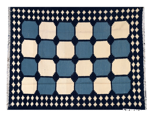 Blue and Beige Checked Woolen Kilim Rug