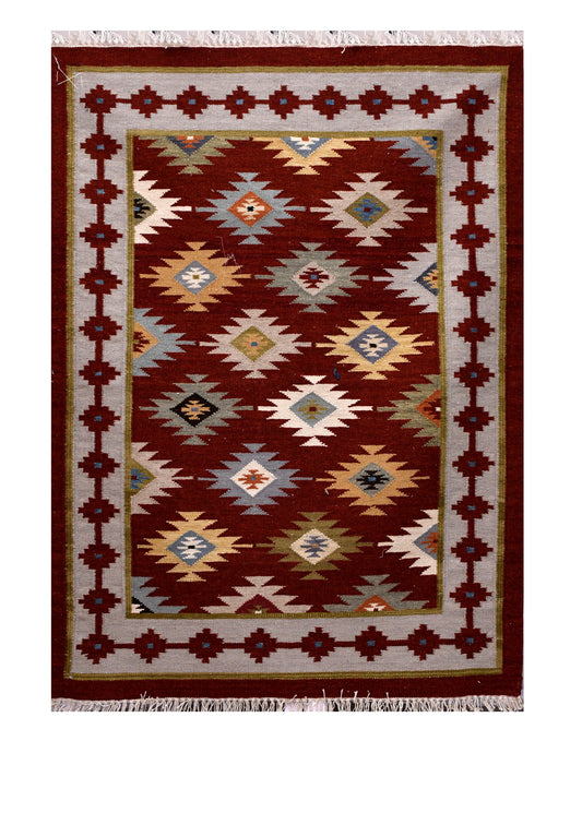 Maroon Aztec kilim Woolen Rug