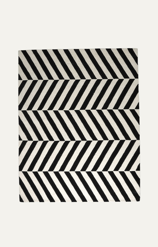 Modern Brush-Painted Beige and Black Rug