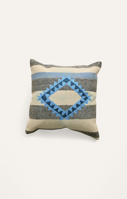 Handwoven Cotton Cushion Cover with Blue Motif