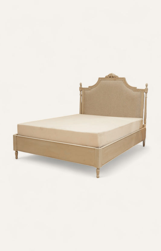 French Gold Upholstered Carved Wood Bed