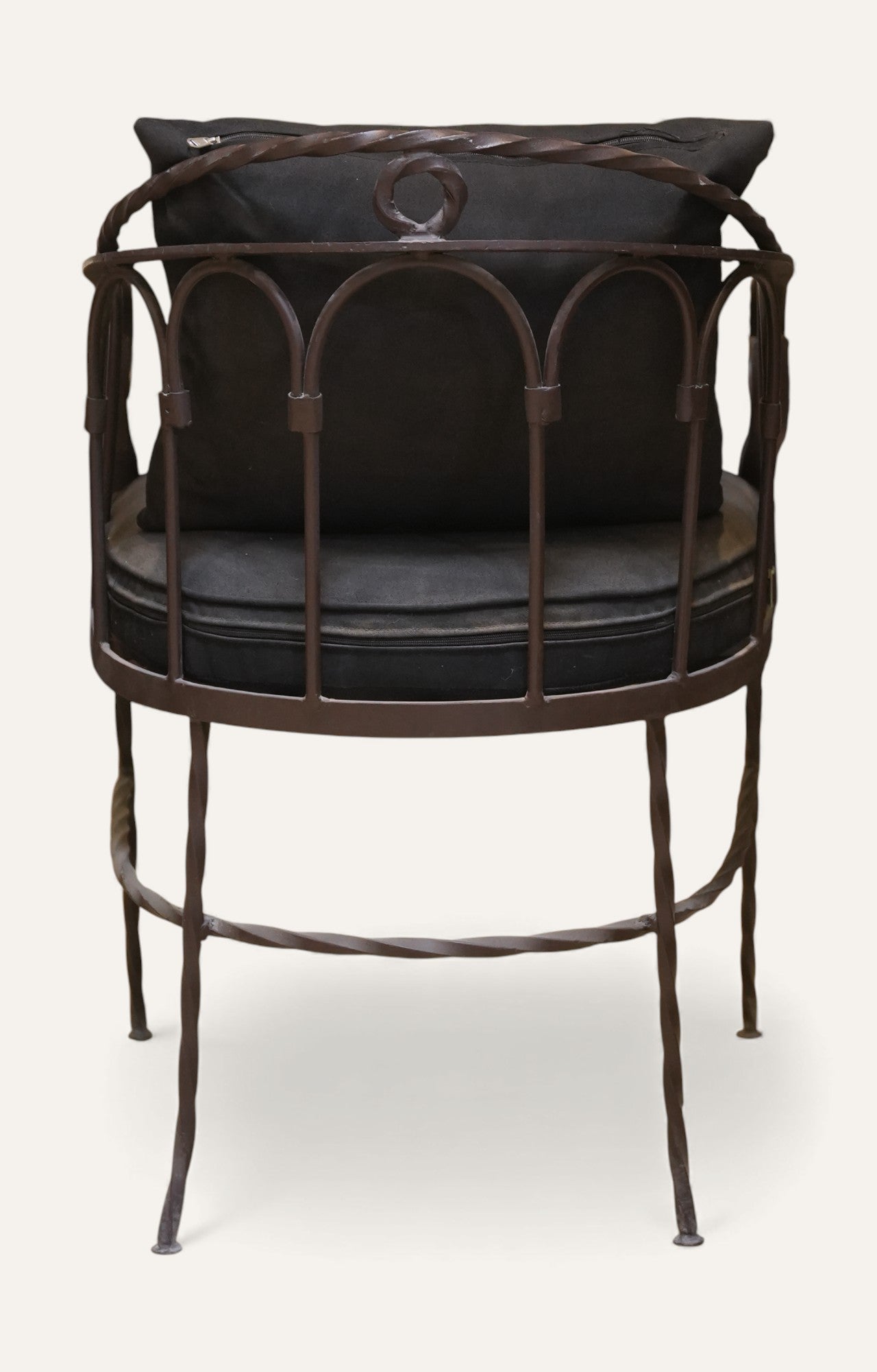 Wrought Iron Sofa with Black Cushions