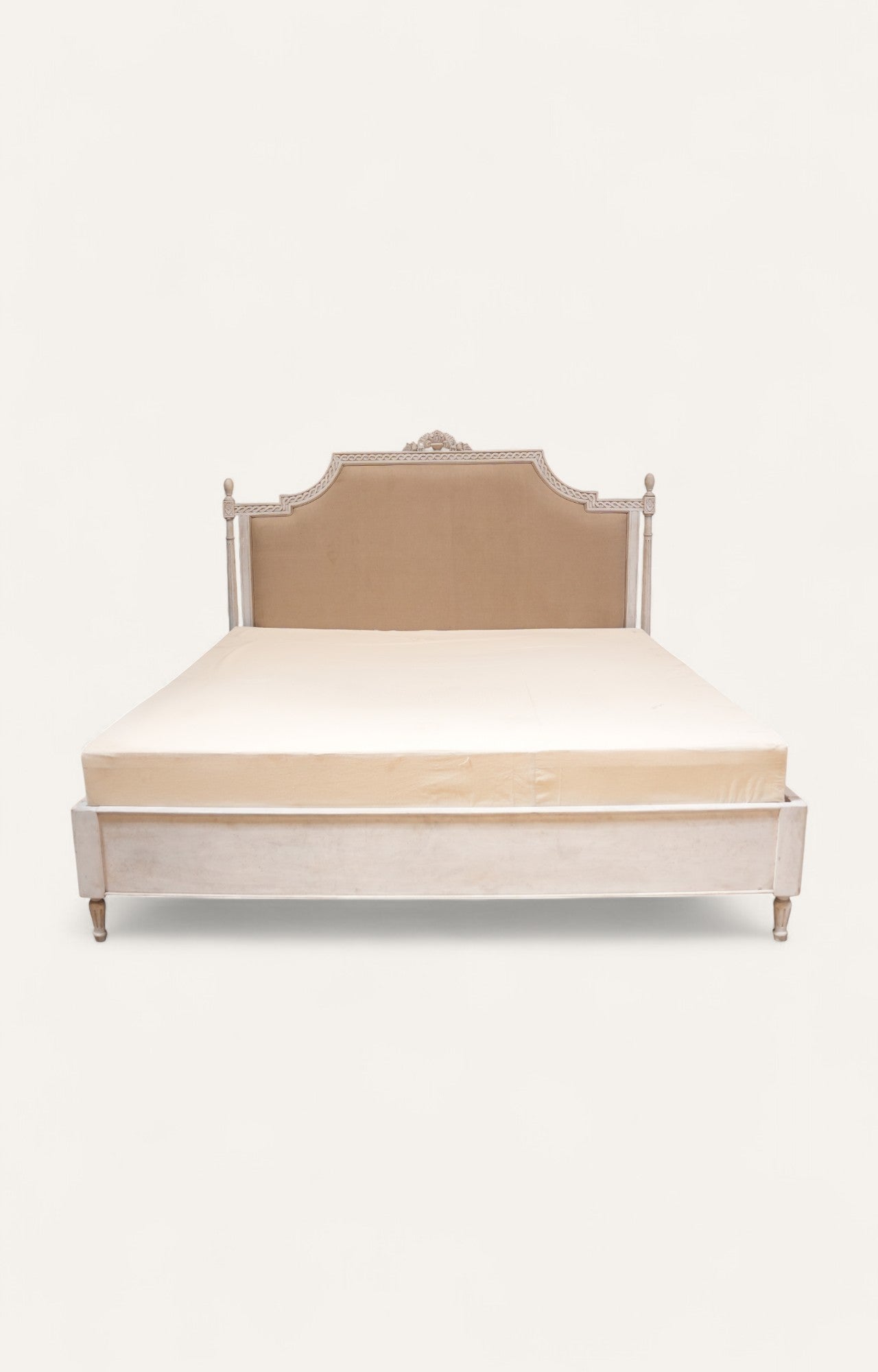 French Gold Upholstered Carved Wood Bed