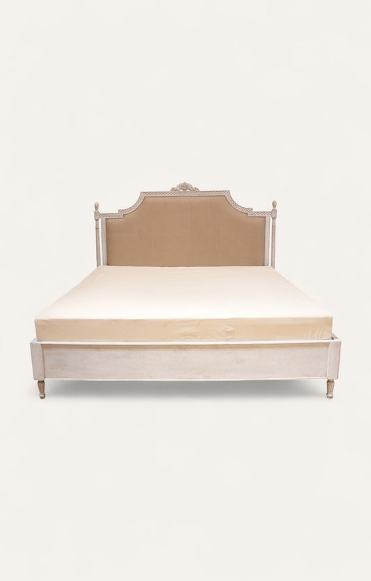 French Gold Upholstered Carved Wood Bed