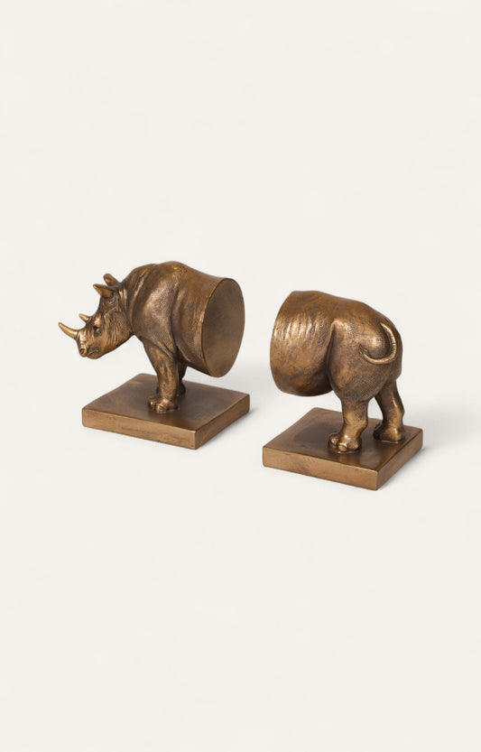 Antique Gold Resin Rhino Bookend Set