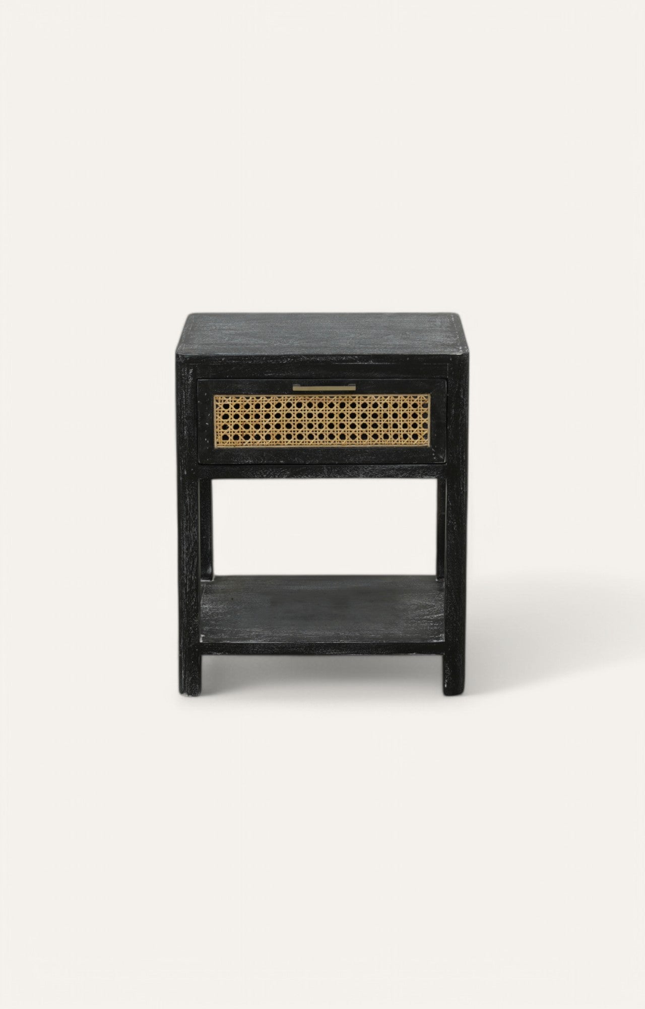 Cozy Woven Cane Front Accent Nightstand with Brass Handle Drawer