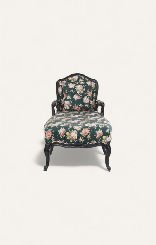 Vintage Black Floral Chaise in Acacia Wood