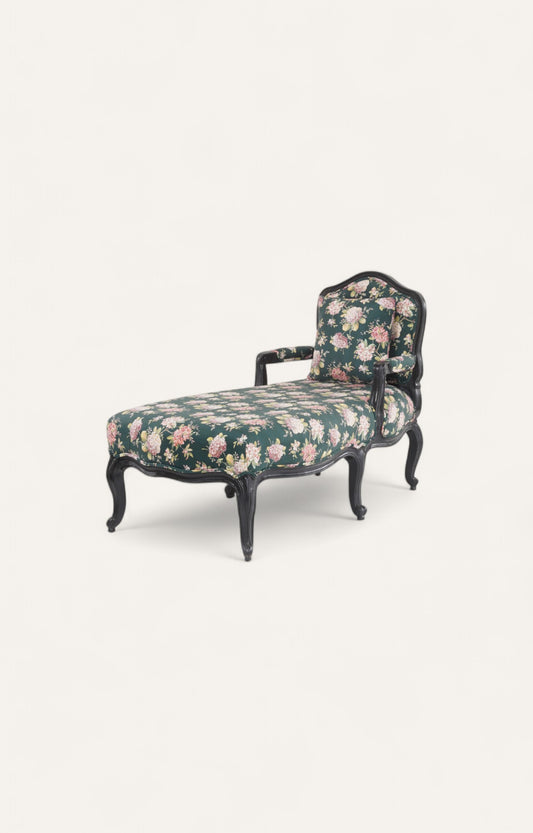 Vintage Black Floral Chaise in Acacia Wood