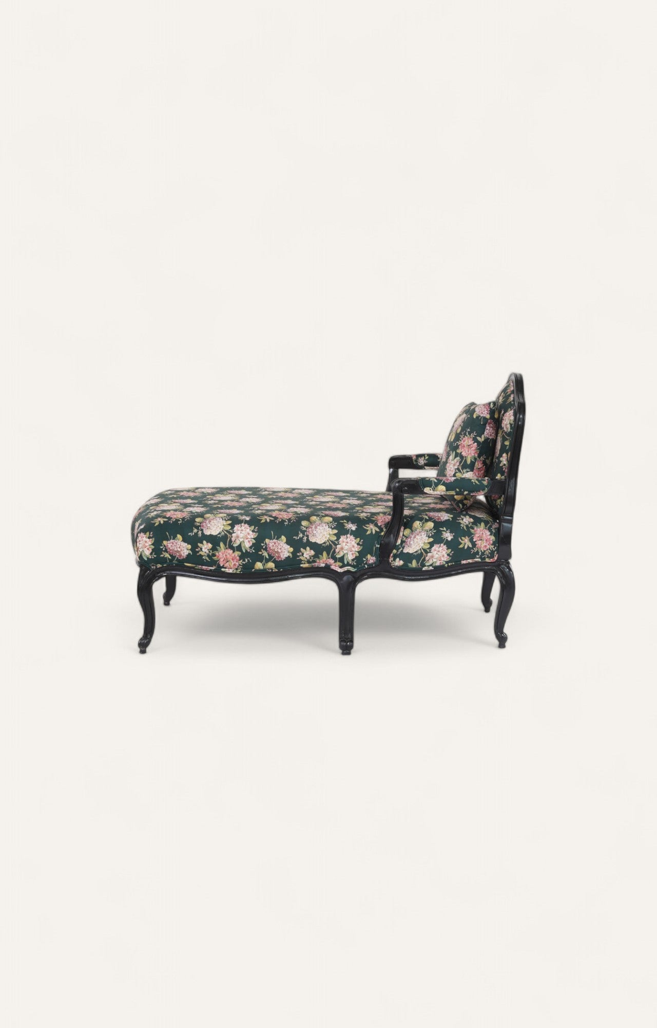 Vintage Black Floral Chaise in Acacia Wood
