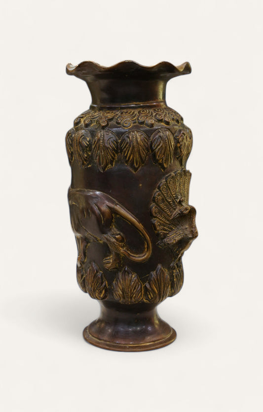 Elephant & Peacock Embossed Heritage Brass Vase Home Décor